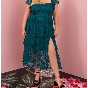 ARULA Teal Lace Tiered High-Low Dress with Side Slit